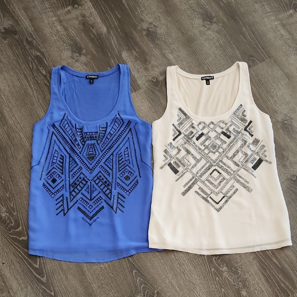 Express Blue and Beige Sleeveless Mixed Media Sequin Tank Tops - Set Of 2 Bundle